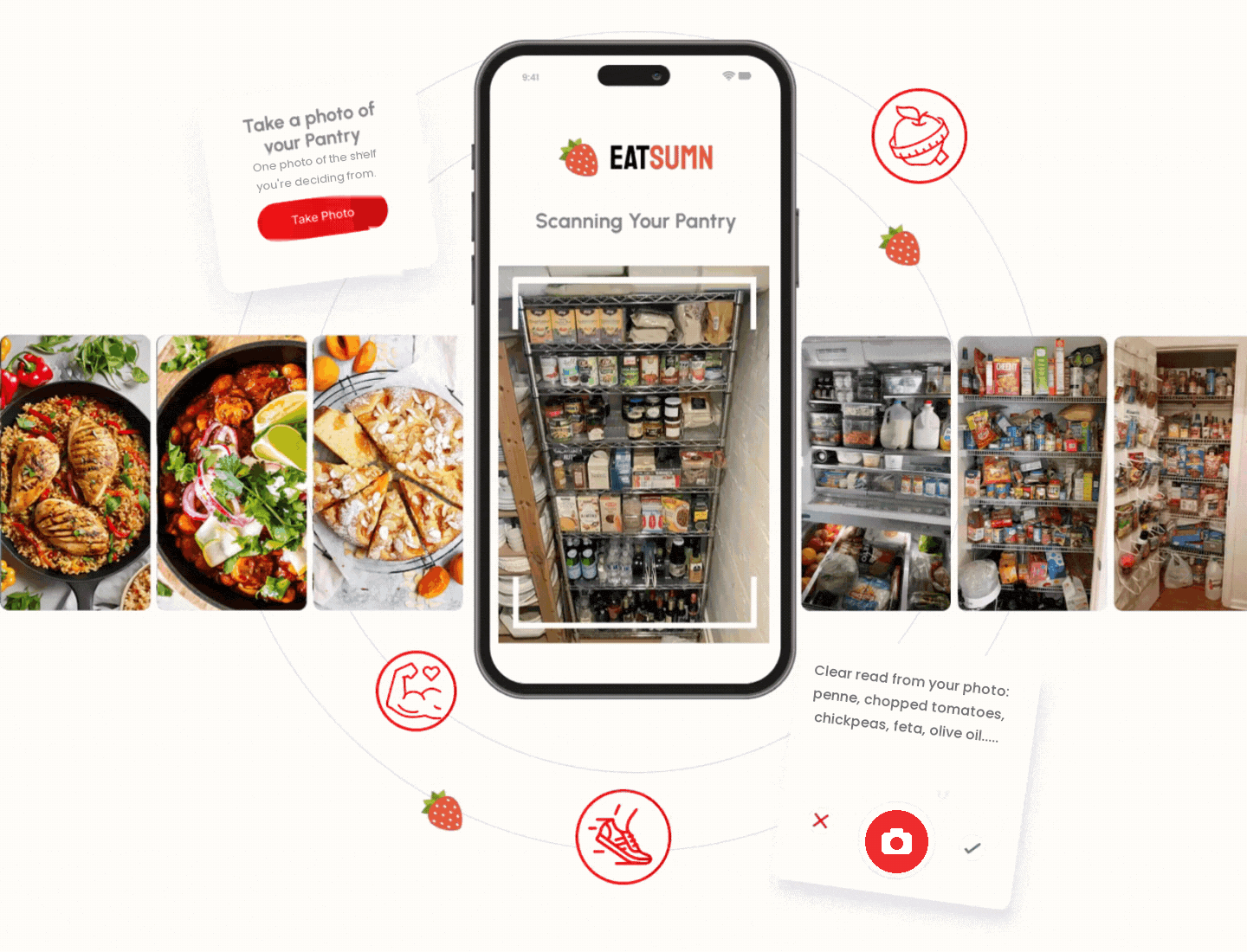 The Eatsumn app scanning a pantry shelf, surrounded by photographs of home kitchens and finished meals